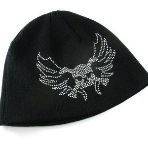 Crystal Skull Wings Stretch Beanie Everyday Black Casual by Mac Tools Accessory